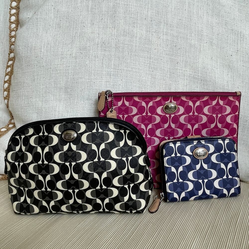 Coach Peyton Signature Pouch Wallet Set | Pink Blue Black 3pc - Picture 1 of 14